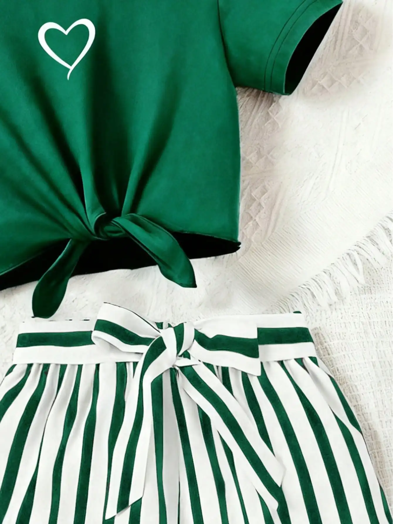 Women's casual daily short sleeved love printed+striped printed shorts 2-piece set with random belt striped children's clothing