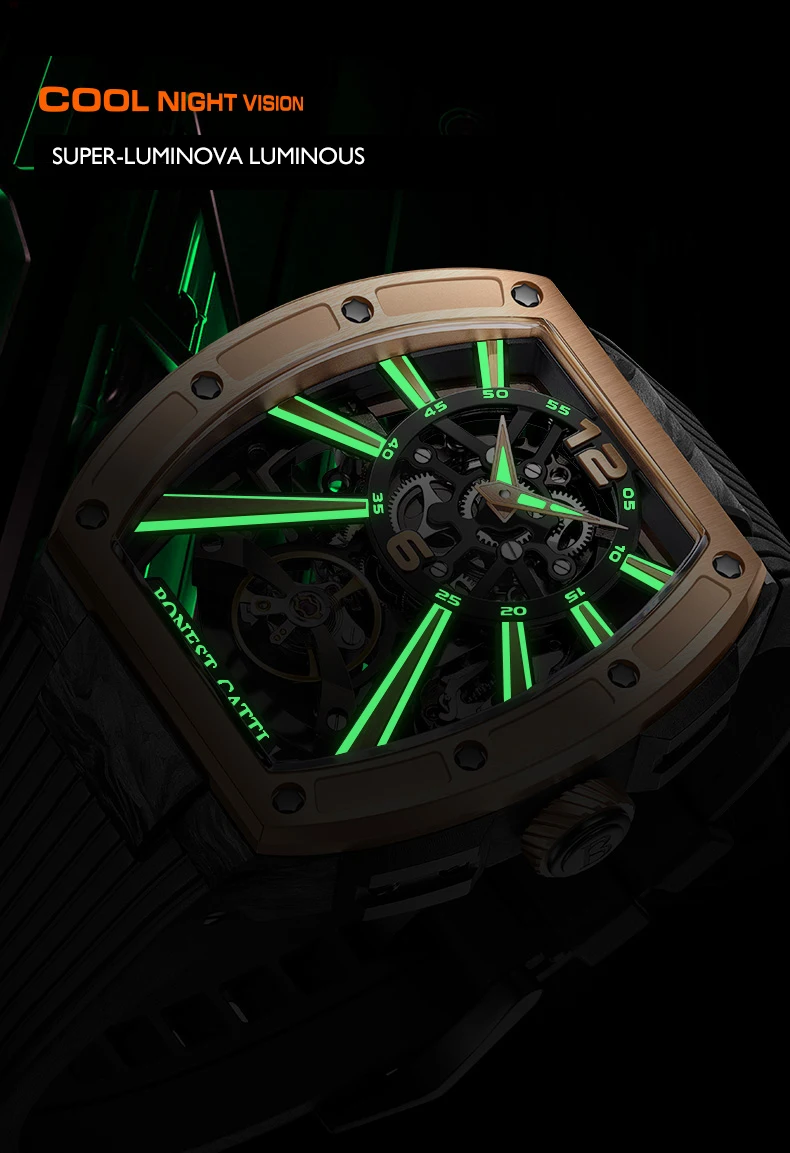 Reloj Automático BONEST GATTI para hombre, reloj de pulsera mecánico Tonneau de 43mm x 51mm, correa luminosa de fibra de carbono con fluorubber, esfera con mecanismo al descubierto
