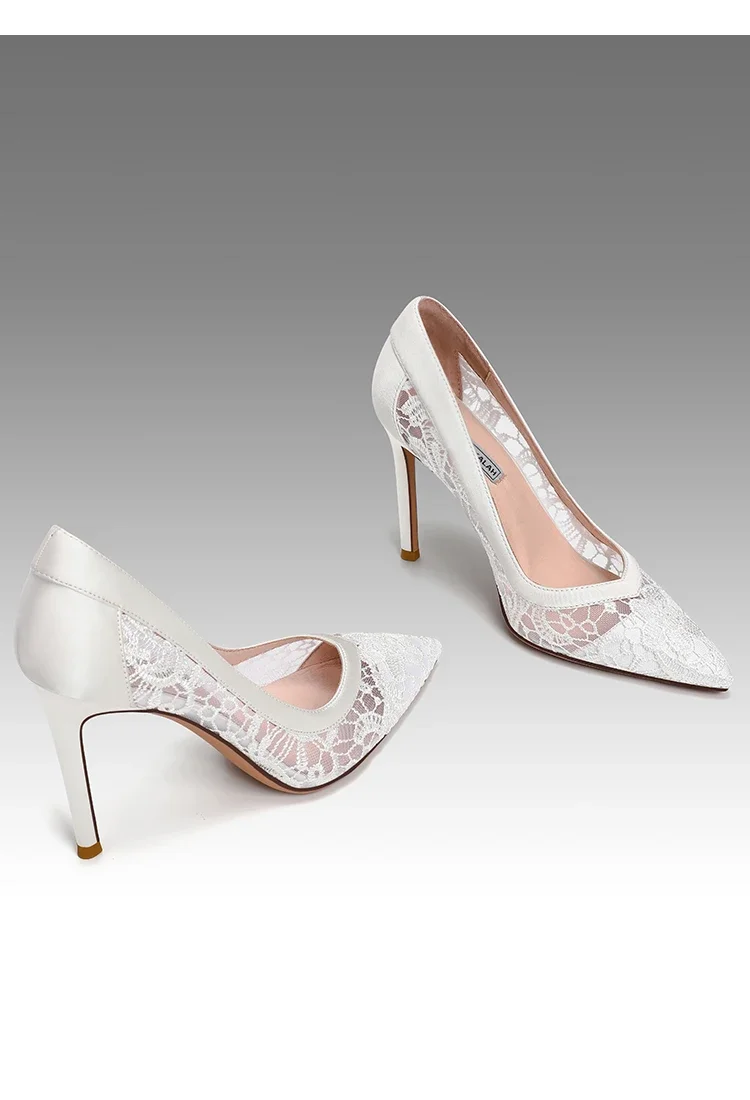 Size 31 To 44 White Lace Wedding Shoes High Heels Thin Heel Large Size Women Bride Shoes Pumps Stiletto