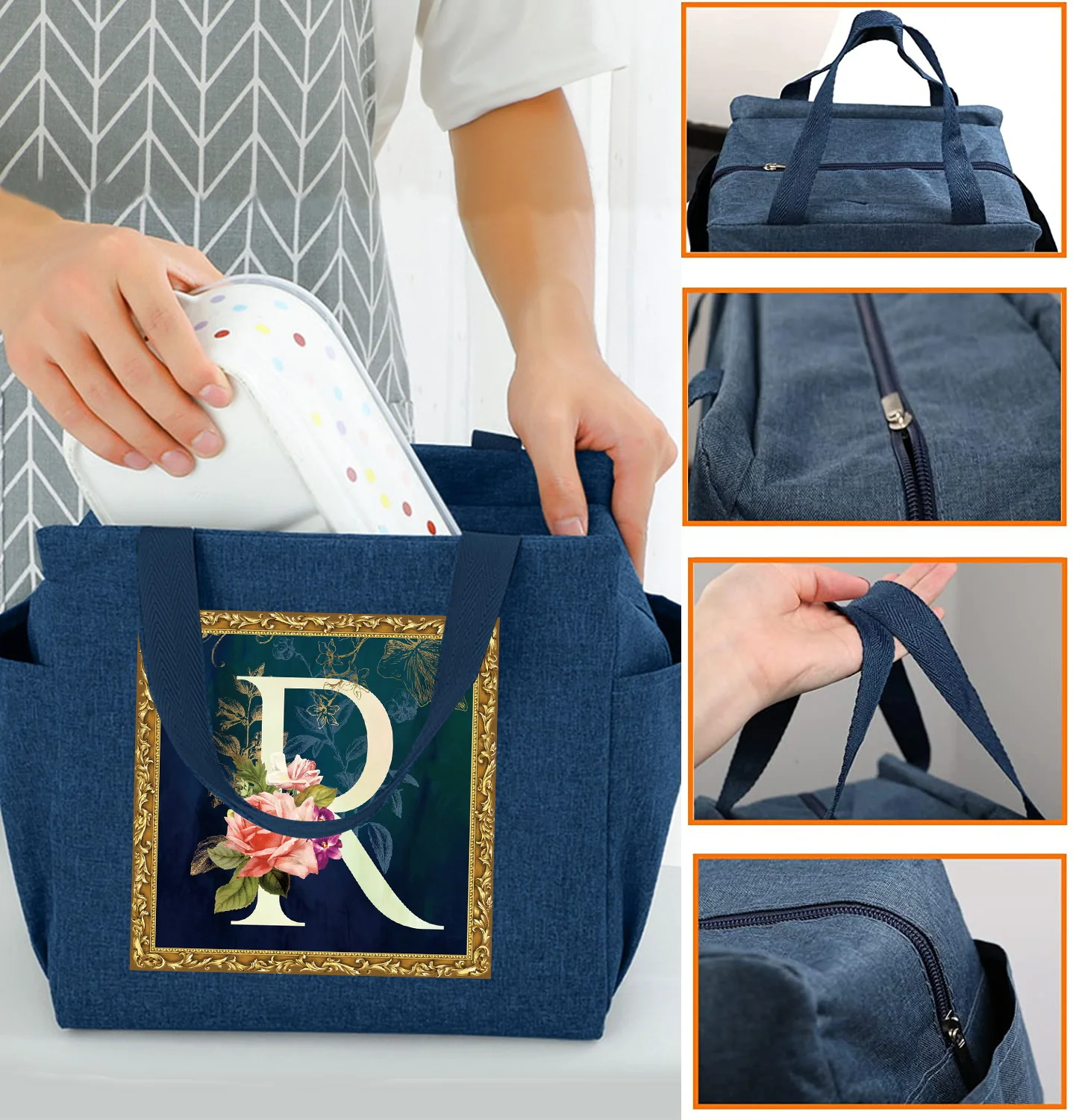 Flower Letter Series Pattern Travel Cooler Box for School Portable Insulated Dark Blue Lunch Bag Breakfast Box Canvas Handbags