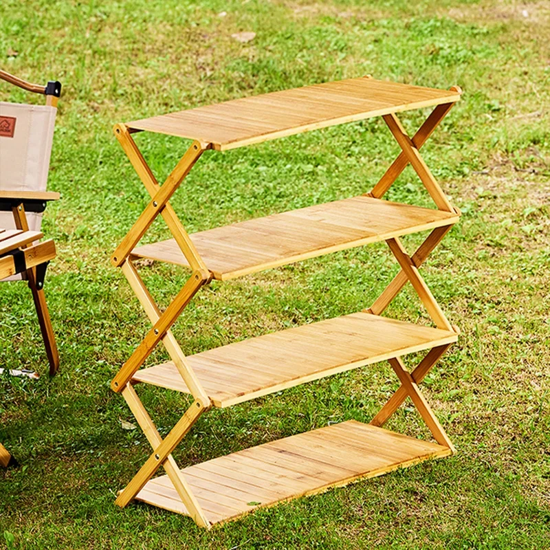 Dobrável Camping Bamboo Shelf Rack, cremalheira de armazenamento dobrável ao ar livre, sapato de mesa portátil, 3 Plies, 4 Plies