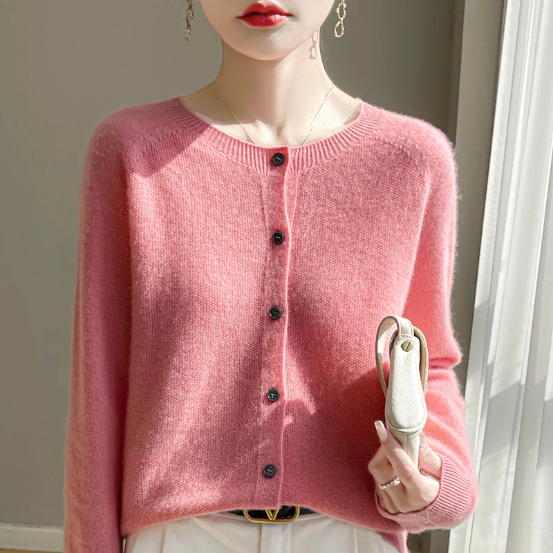 Long Sleeve 100% Merino Wool Sweaters Cashmere Cardigan Spring Autumn Women O-Neck Knitwear Tops Clothing Fashion Basic Tops