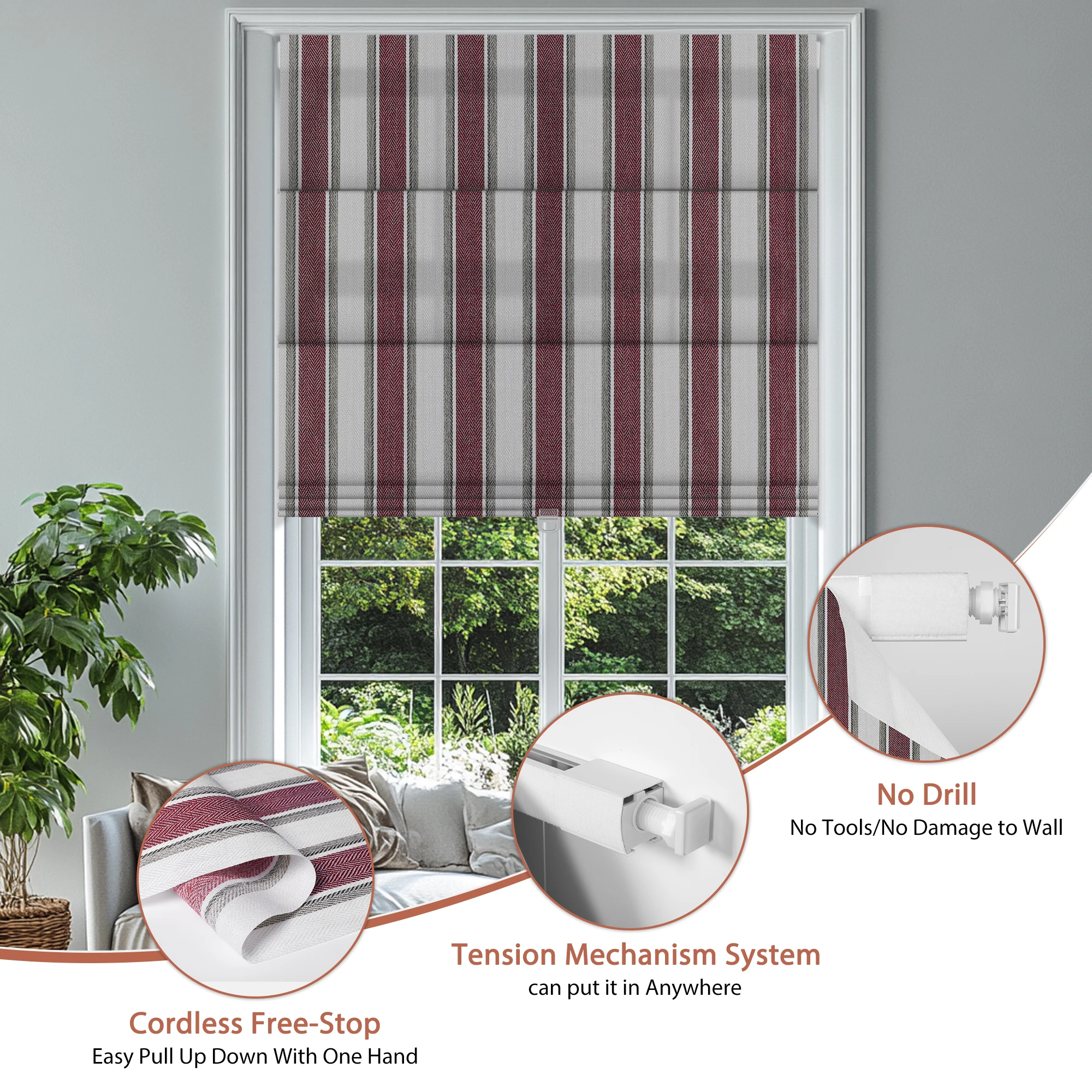 Custom No Drill Cordless Roman Shades Polyester Fabric Eco-Friendly No Tool Roman Blinds Built-In for Living Room Hotel