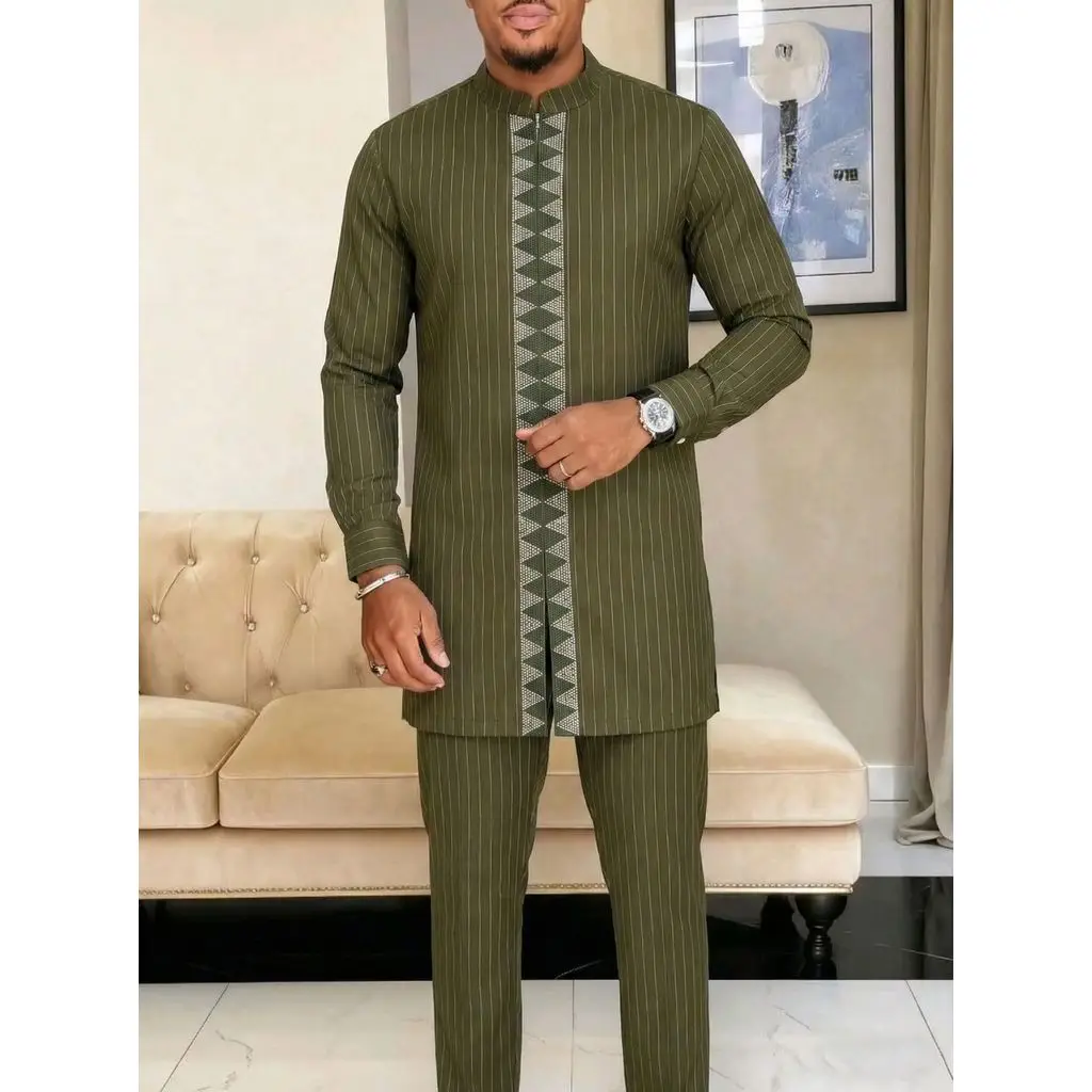 Men Two Piece Kaftan Suit African Ethnic Embroidered Zipper Wedding Outfit