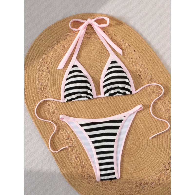Women's Detachable Cup Mat2Two-Piece Bikini Set Color Block Striped Sexy Triangle Cup Tie Swimwear Set