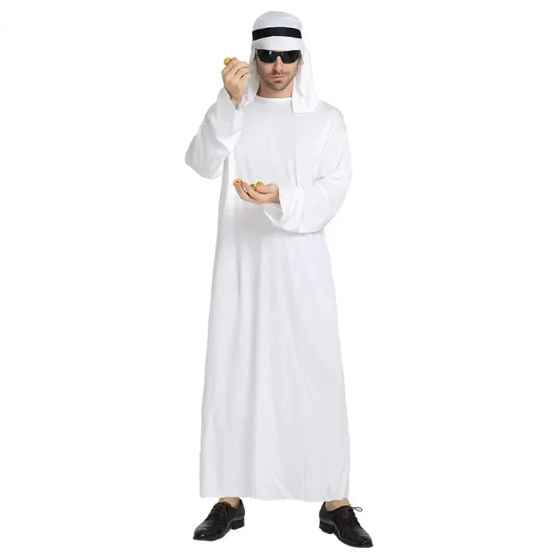 Halloween Carnival Cosplay Arab Sheik Prince Masquerade Male Pure White Middle East Dubai Dress Festival Dress Up Stage Play