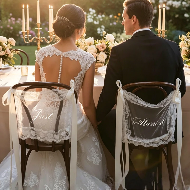 Personalized Just Married Chair Banner Lace Wedding Decor for Bride & Groom Sheer Chair Sign Decoration Romantic
