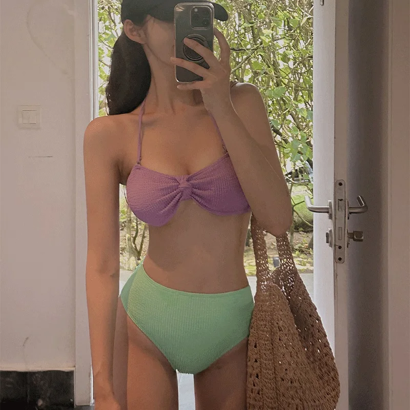 

New High Waist Bikini Women's Two Piece Wave Pattern Slimming Beach Vaion Sle Swimming Suit with Chest Pad No Steel Ring