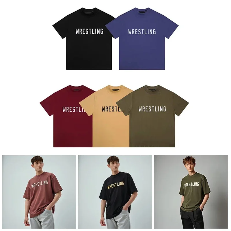 

Классические мужские футболки 2025 2025 года, футболки с логотипом WRESTLING на груди, дизайнерские брендовые мужские футболки High Street