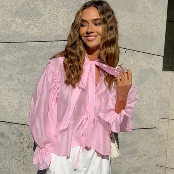 Autumn New Puff Sleeve Loose Lace-up Shirt 2025 European and American Fashion Top Women