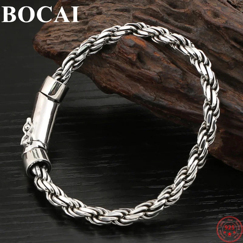 

BOCAI S925 Sterling Silver Bracelet for Men Women New Men's Fashion 6mm Weaven-Chain Pure Argentum Charm Bangle Free Shipping