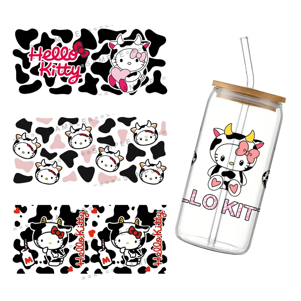 11x24cm Cute Milk Cow Hello Cat Sanr UV DTF Wraps Sticker DIY For 16oz Glass Cup Waterproof Decals Phone Case Girls Sticker view 3