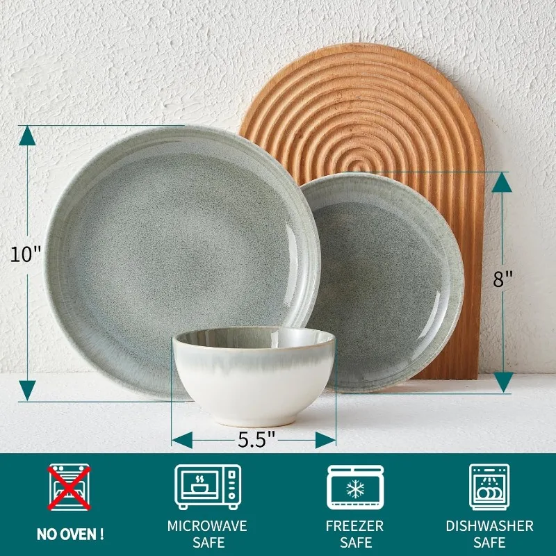 Gradient Green Stoneware Dinnerware Set, 12pcs Reactive Glaze Highly Chip and Crack Resistant Modern Plates and Bowls Sets for 4