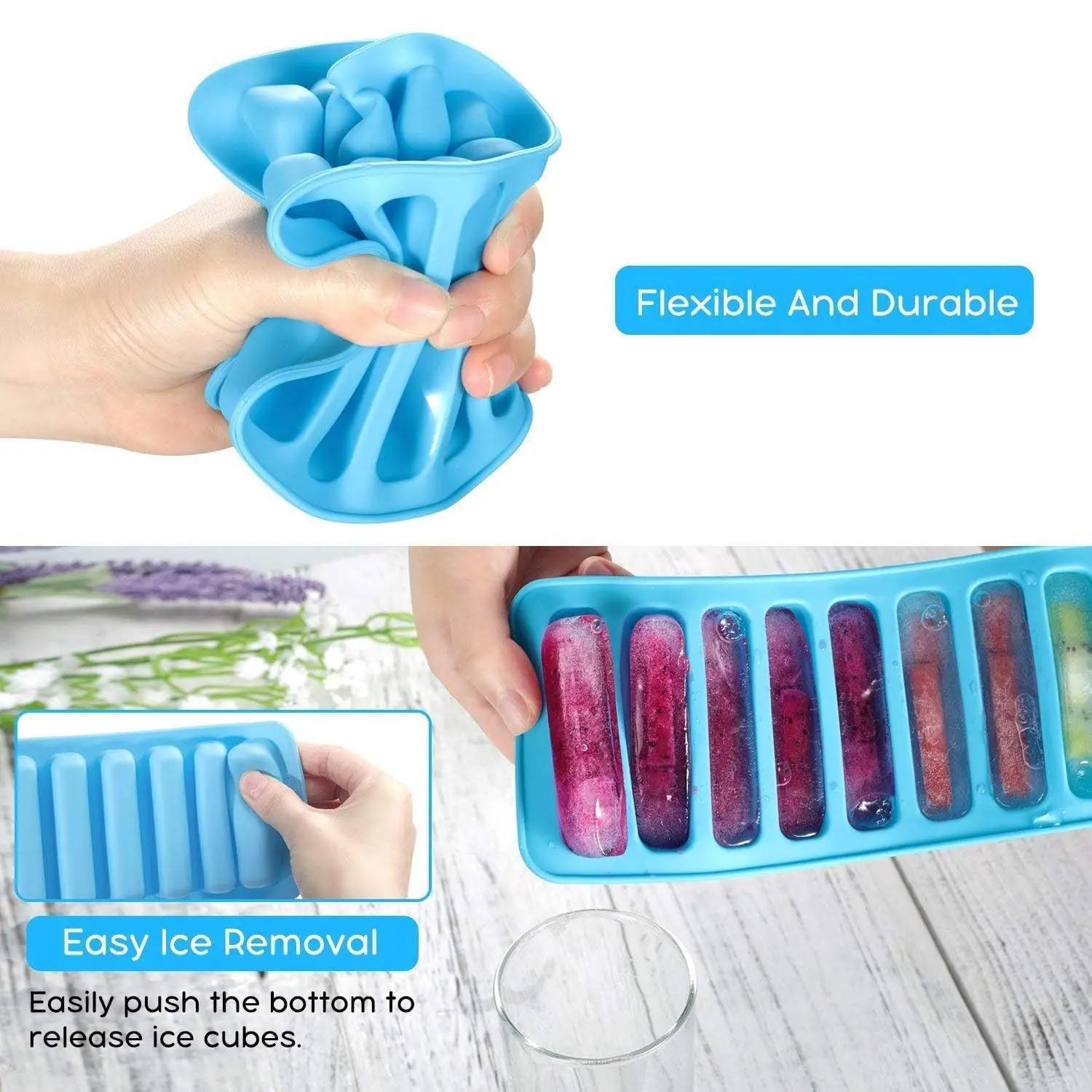 Easy Push Pop Out Long Strip Ice Tray 10 Cavities Narrow Ice Stick Cubes Multicolor for Sports Bottles and Water