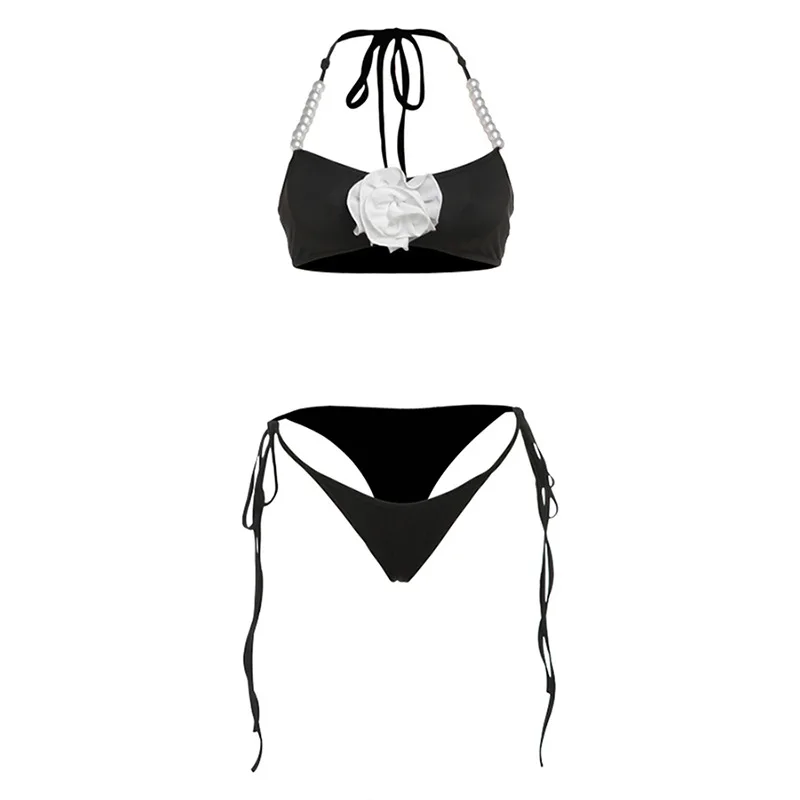 Maillot de bain noir 2 pièces pour femme, bikini sexy, haut en fibre à bretelles, sous-vêtements d'été, fleur 3D, plage, vacances, streetwear