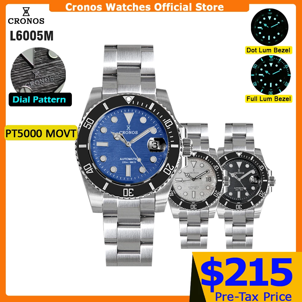 Cronos Sub Diver Men Watch Pattern Dial Stainless Steel PT5000 Brushed Bracelet Ceramic Bezel 200 Meters Water Resistant L6005M