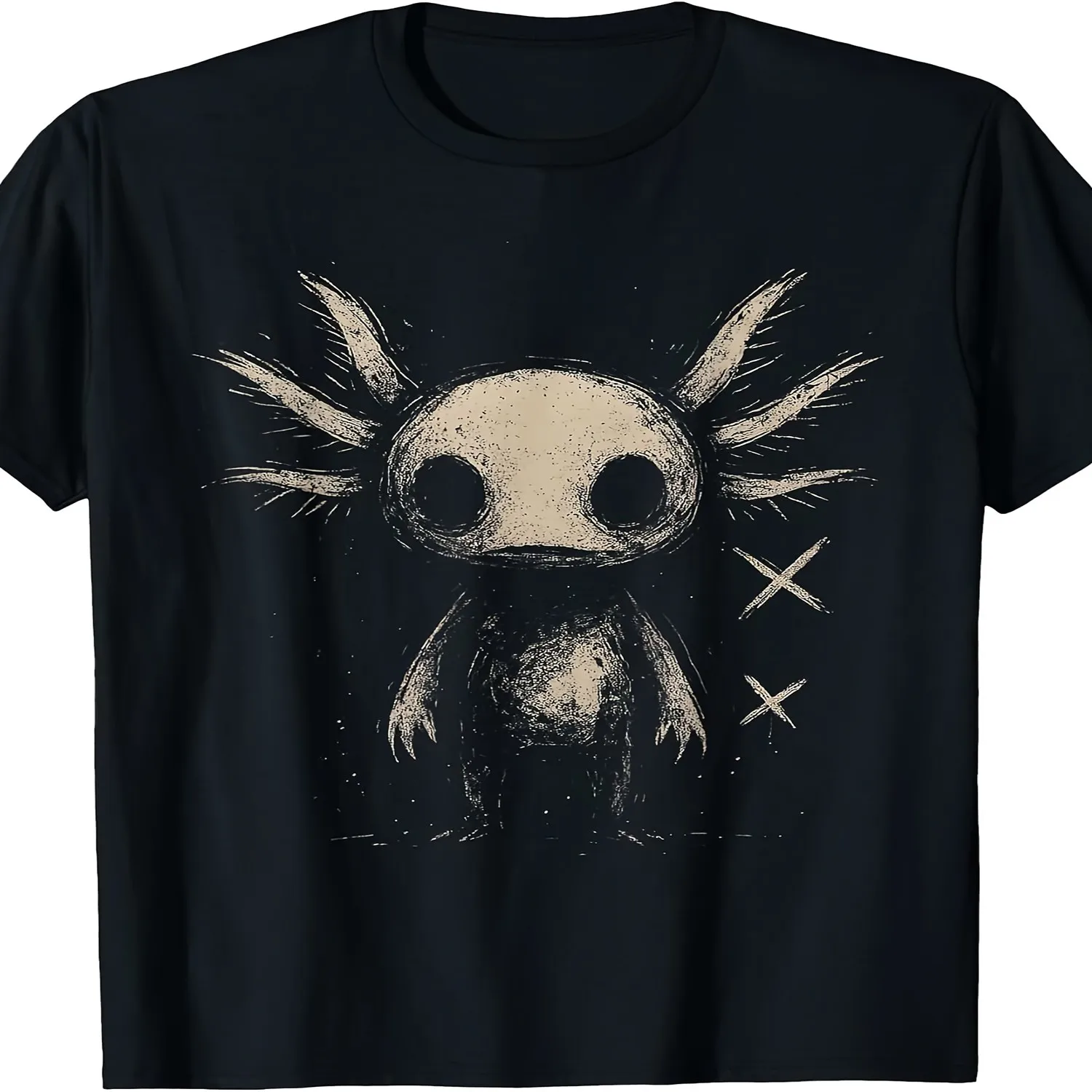 Axolotl Emo Goth T-Shirt _ Same Style for Men And Women, 2025 Summer, Short-Sleeved, Printed, Pure, 220G, Crew Neck, Vintage Style, Slight Stretch Fabric, Regular Fit, Drawing Pattern gift for men, everyday wear tee