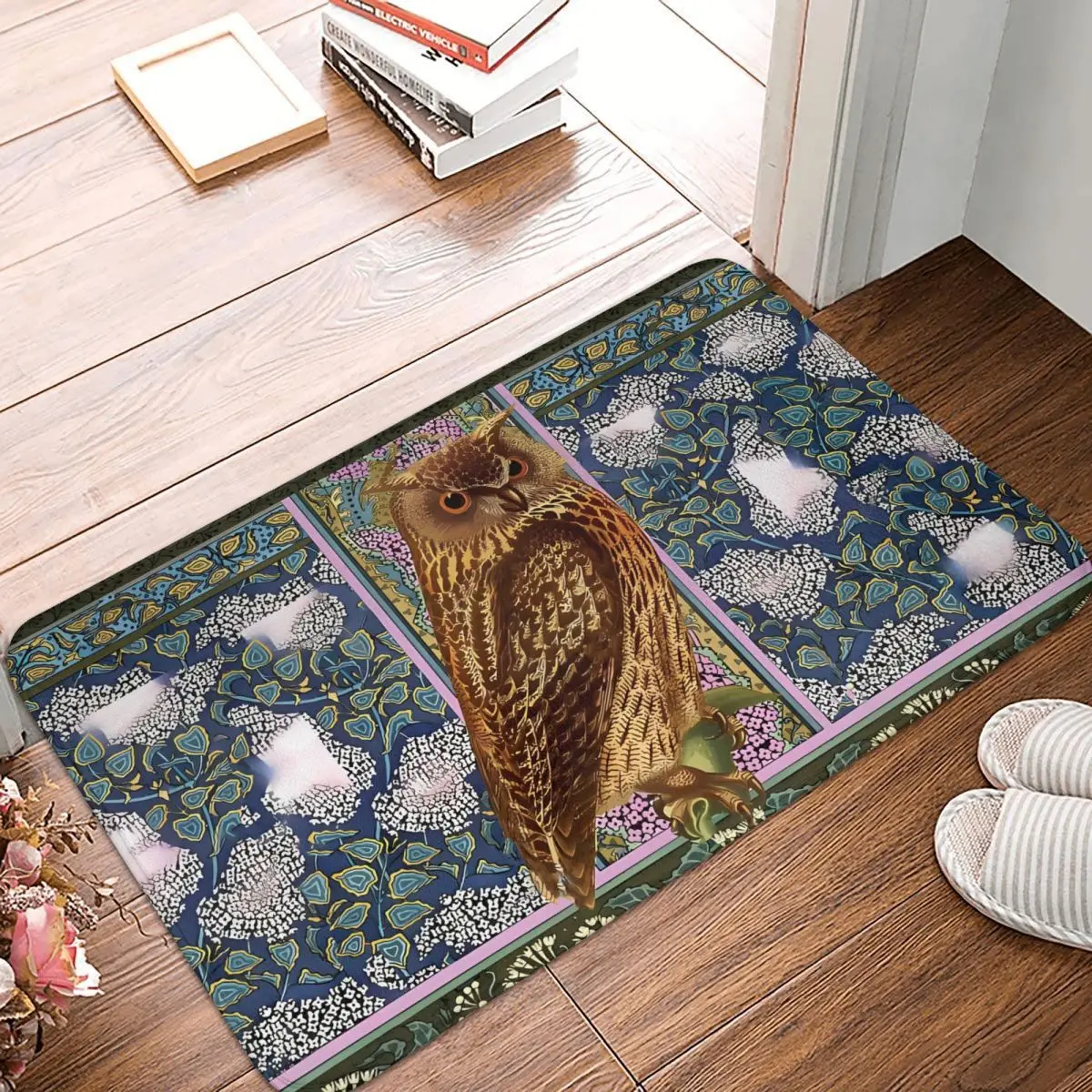 Bath Mat NIGHT OWL LILACS AND LEAVES Art Nouveau Style Dark Floral Composition Doormat Kitchen Carpet Entrance Door Rug Home