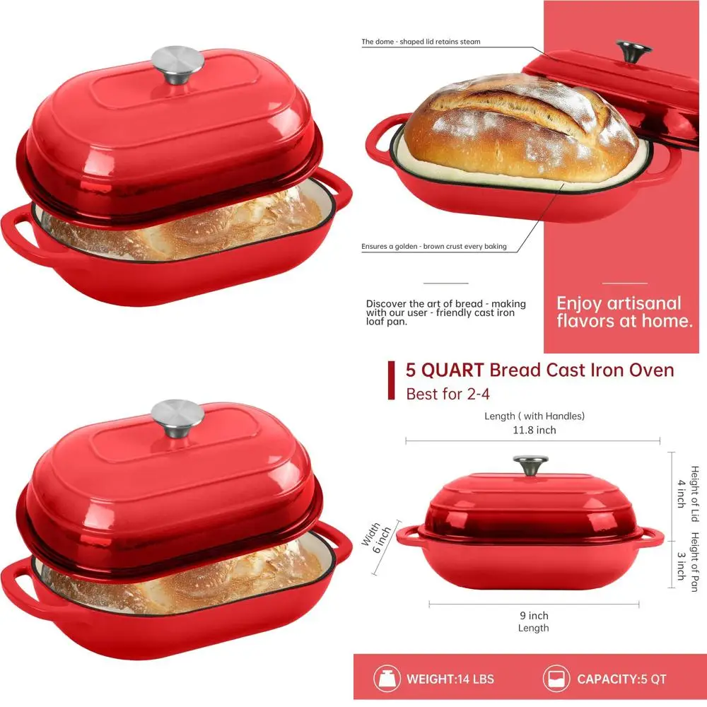 

Enameled Cast Iron Dutch Oven, 5-Qt Oval, Non-Stick, Ideal for Sourdough, Loaves, Artisan Bread (Red)