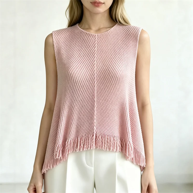 Miyake Fish Scale Pleated Summer New Round Neck Sleeveless Solid Color Women's Tassel Casual Vest Top