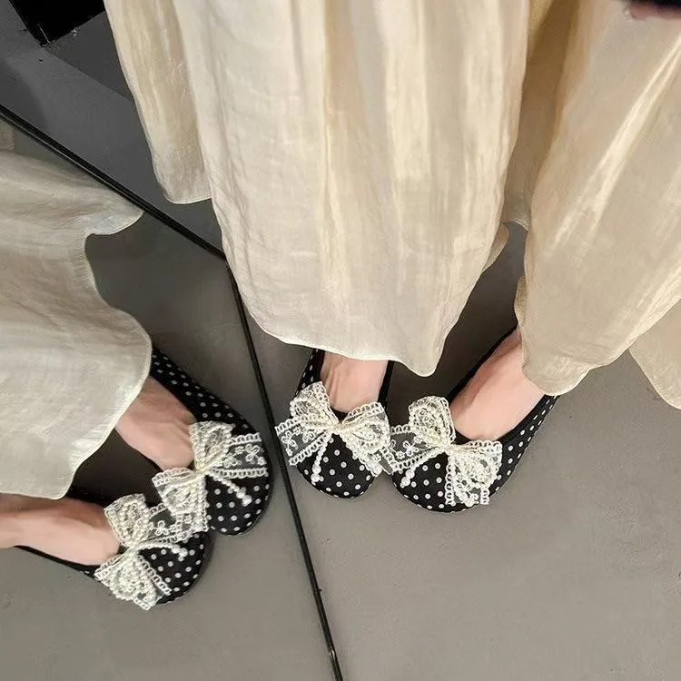 

Polka Dot Mary Jane Flats for Women 2026 Spring New French Style Soft Sole Flat Bow Slip-On Ballet Shoes