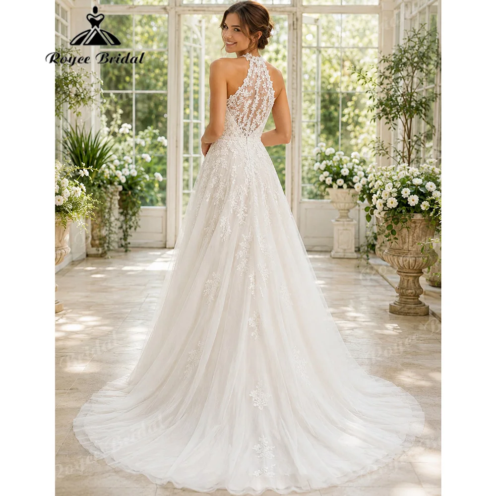 Halter A Line Wedding Dress Sheer Lace Back Floral Lace Appliques Vintage Romantic Vestido De Novia For Garden Wedding Customize