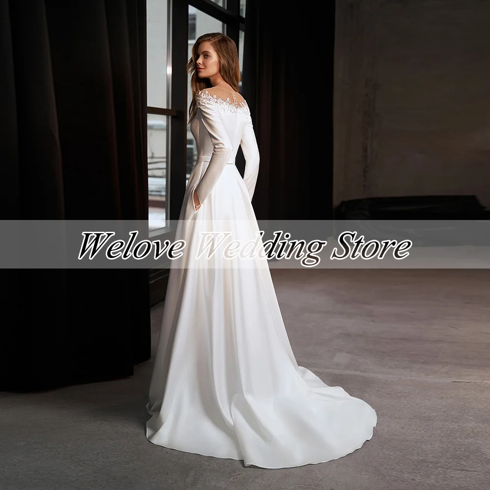 Vestido de novia blanco Formal para mujer, cuello redondo con apliques, longitud hasta el suelo, bolsillos, cremallera en la espalda, mangas largas