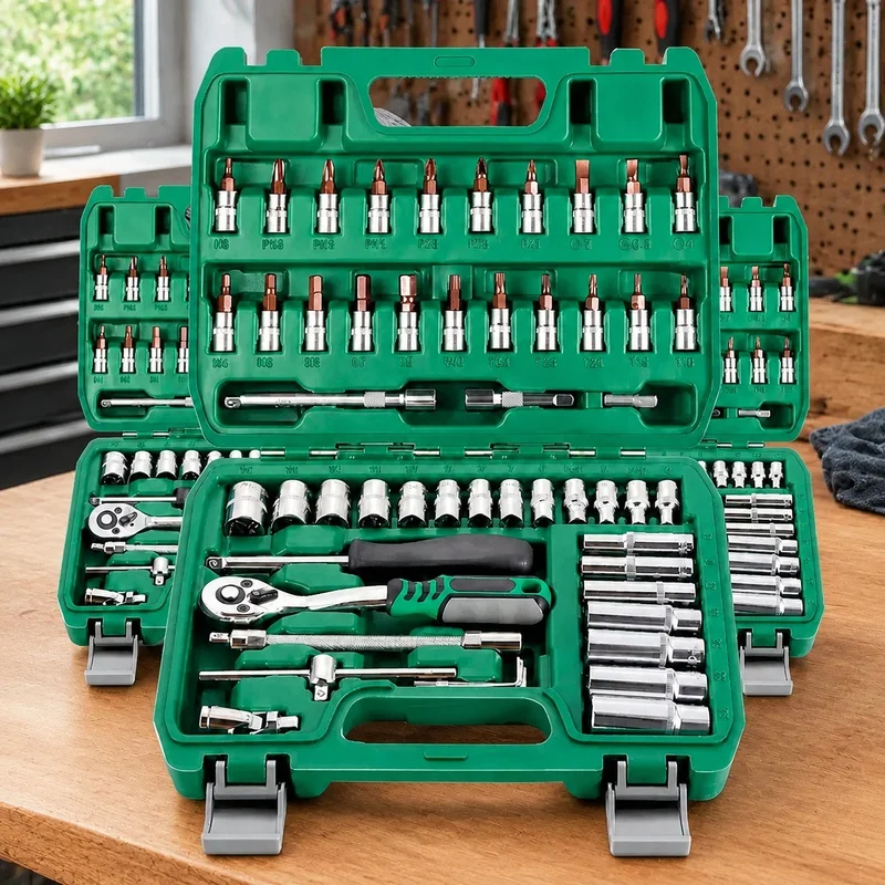 46-Piece Auto Repair Kit with Green Ratchet Tools for Vehicle Maintenance