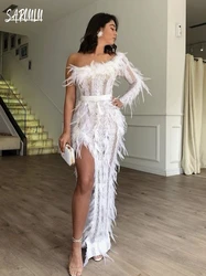 Sexy Side Slit Evening Dress Lace Feathers Straight Bride Robe Elegant Floor-length Customized Cocktail Gown Vestidos De Novia