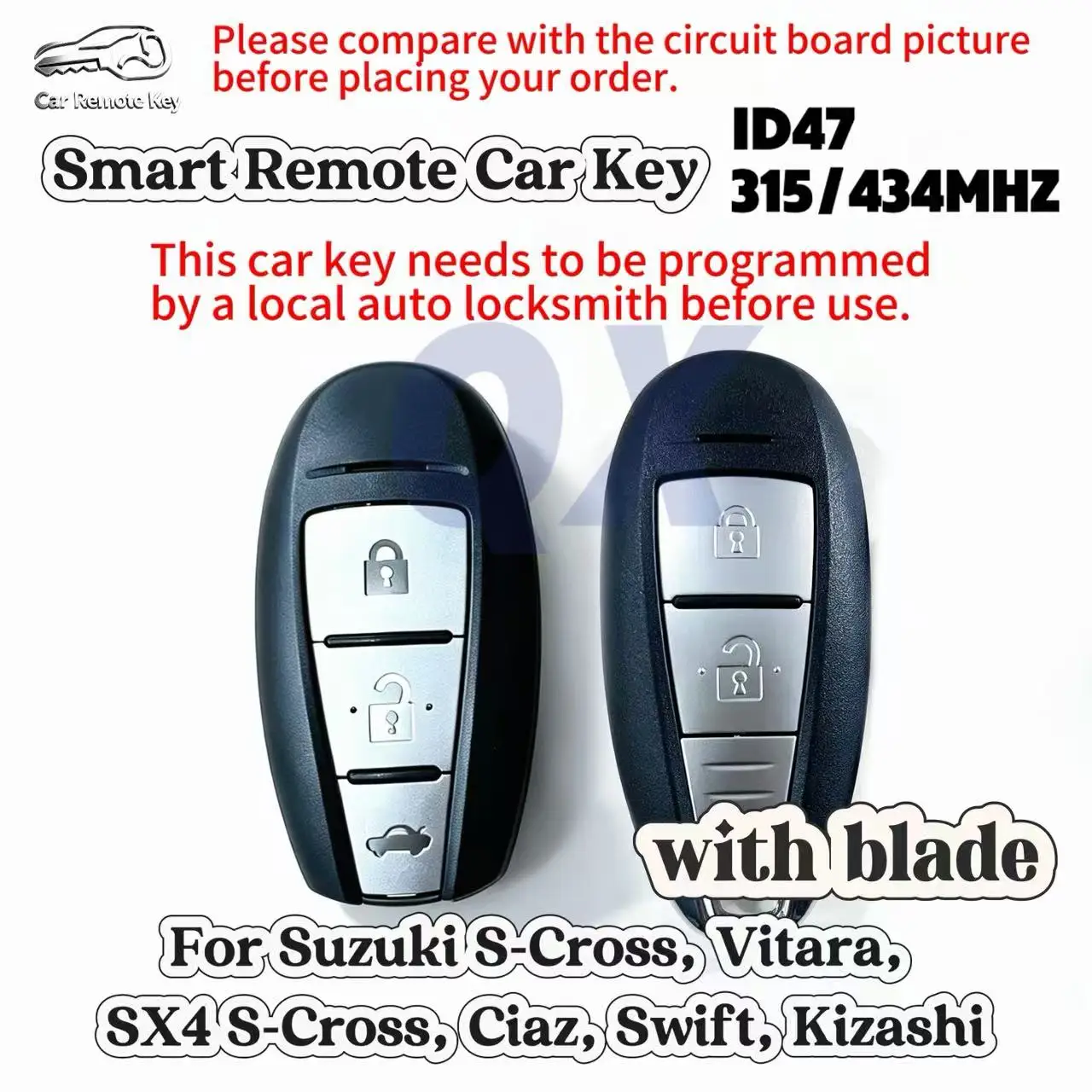 Remote Key and shell Compatible for Changan Suzuki S-Cross, Vitara, SX4 S-Cross, Alivio, Swift, Kizashi, ID47,433/315MHz