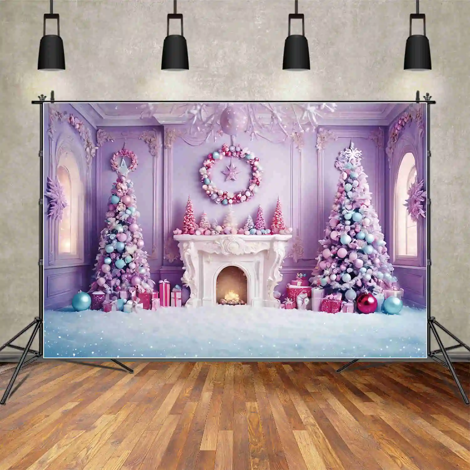 Maan. Qg Kerstboom Kerstboom Achtergronden Versierde Westerse Paarse Sneeuw Achtergrond Feest Decoratie Fotocall Accessoires