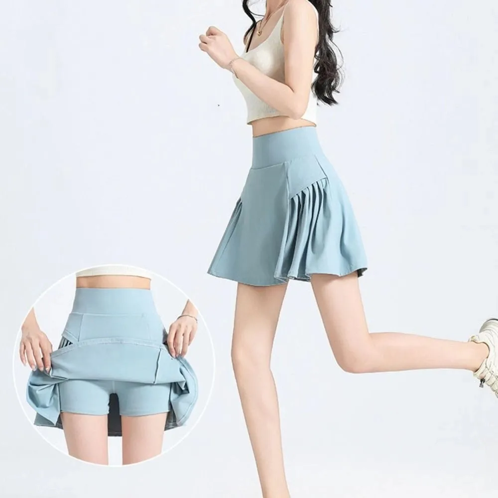 通気性のあるハイウエストプリーツスカート、アンチグレア無地テニスショートスカート、フェイクツーピースフィットネスウェア、スポーツパンツスカート