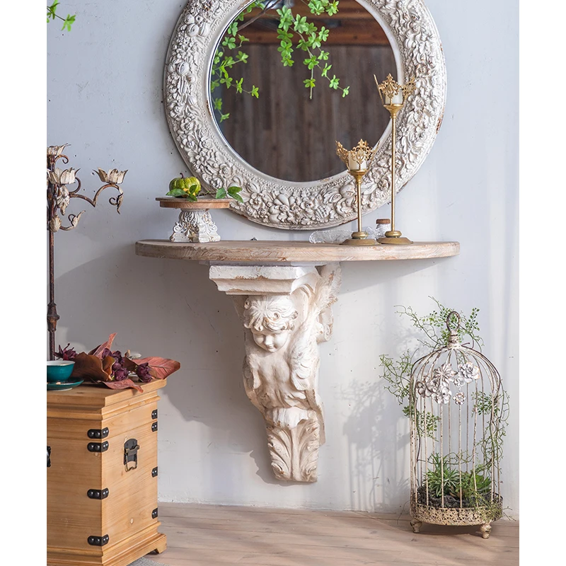 LJ2 European Hanging Display Solid Wood Floating Shelf Living Room Rustic Antique Storage Shelf Carving MgO Ledge