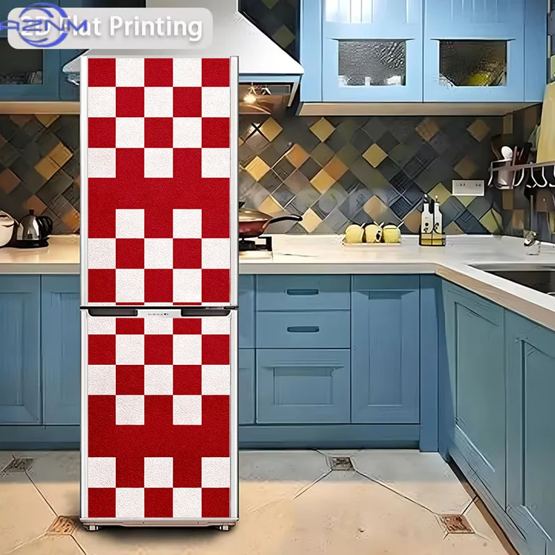 [2D Flat Printing] 1pc Refrigerator Sticker [60 X 180 Cm] Red And White Checkered Pattern Theme Design Wall Sticker Self-Adhes