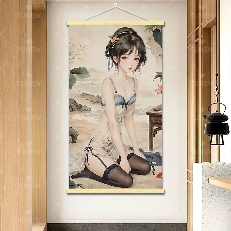 

Japanese Ancient Style Anime Beauty Scroll, Ukiyo-e Abstract Art Hanging Scroll for Living Room Bedroom Wall Decor Aesthetic