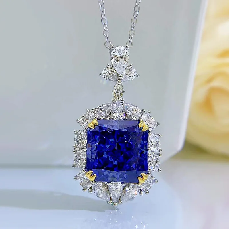 

Jewelry 2022 New S925 Sterling Silver Necklace Pendant For Women Tanzanite Blue Diamond 13*13MM Crushed Ice Cut