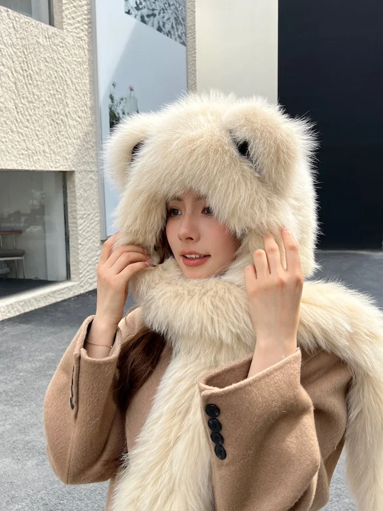 Fox fur scarf integrated fur snow hat female winter warm double-sided real hair soft cute ears age reduction