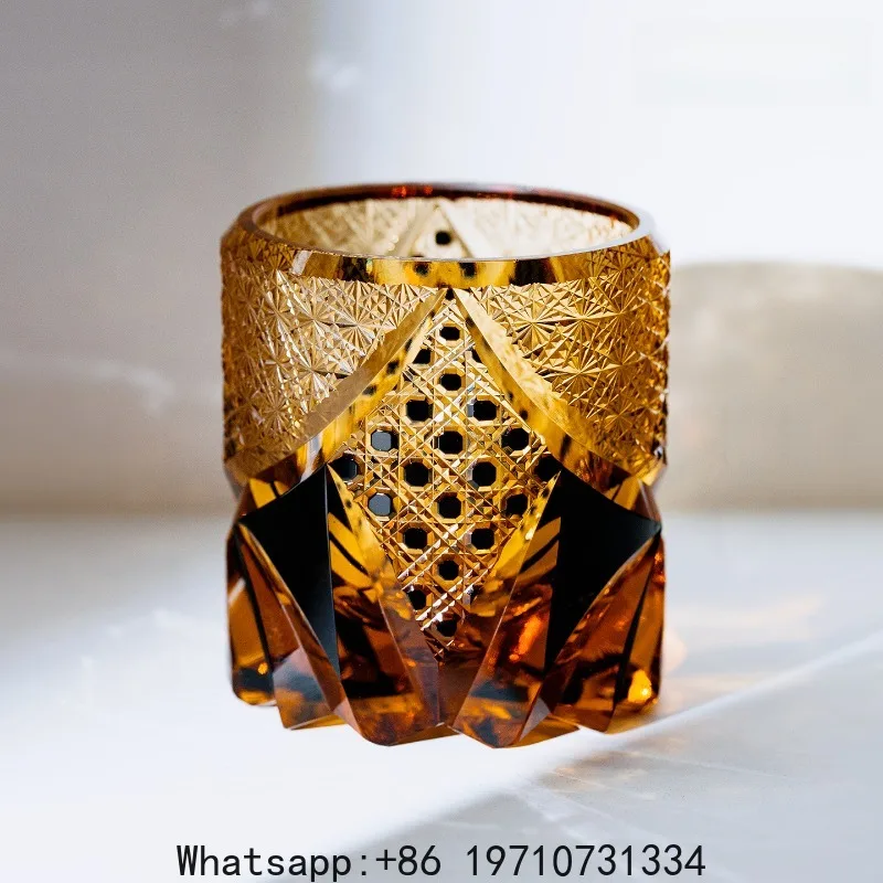 Generic Handcrafted Japanese Style Cut Crystal Whiskey Glass – Amber Faceted Design, Artisan Tumbler in Gift Box