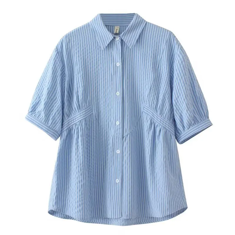 

100 кг летние блузки, новый стиль, простая полосатая рубашка с рукавами-фонариками, повседневная рубашка больших размеров, 1994 г.