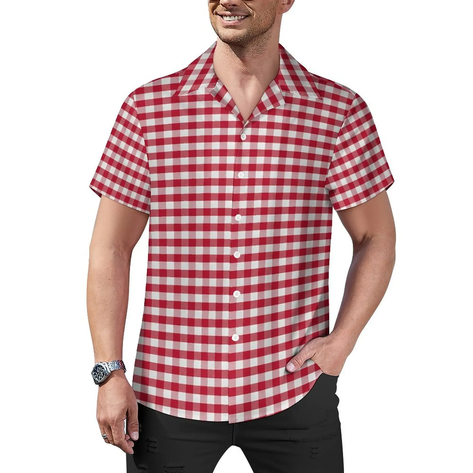 

Red Checkered Beach Shirt Mens Gingham Plaid Print Novelty Casual Shirts Hawaiian Short-Sleeved Street Style Oversize Blouses