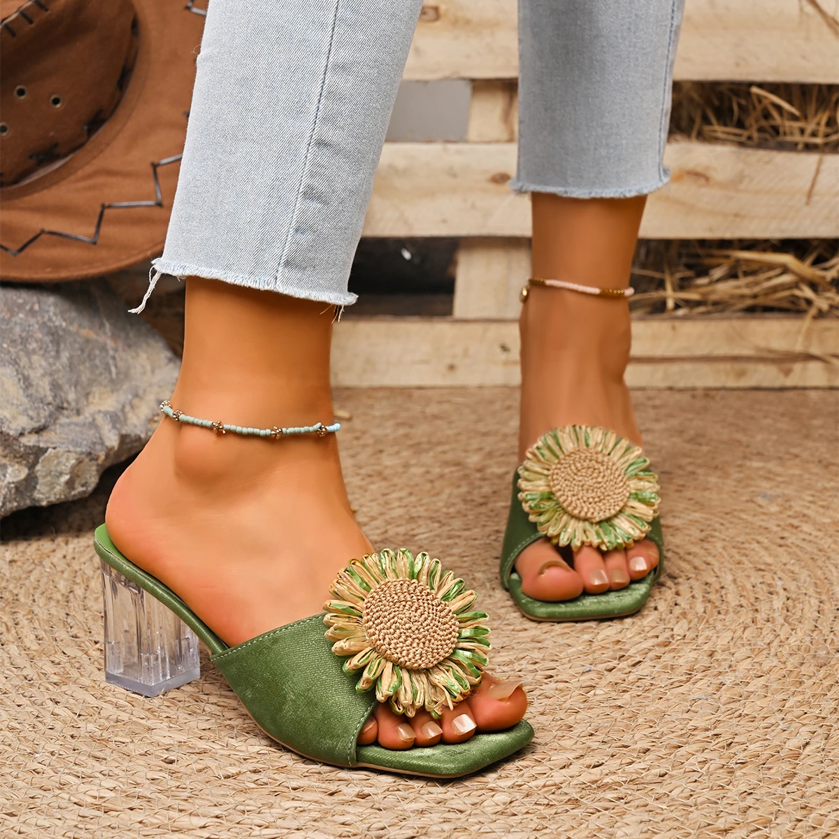

Women Sandals Colorful Rhinestone High Heel Leather Summer Shoes Women Handmade Crystal Flower Embellishment Sandals Women