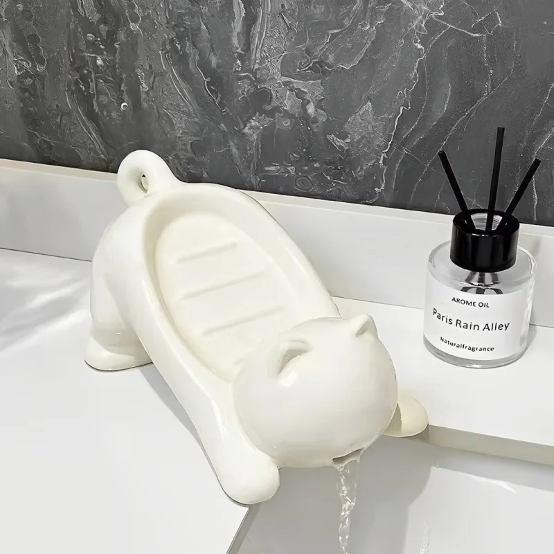 

Kawaii White Cat Soap Drain Rack Kitchen Sponge Storage Rack Bathroom Soap Holder Non-slip Container Cute Home Organizer