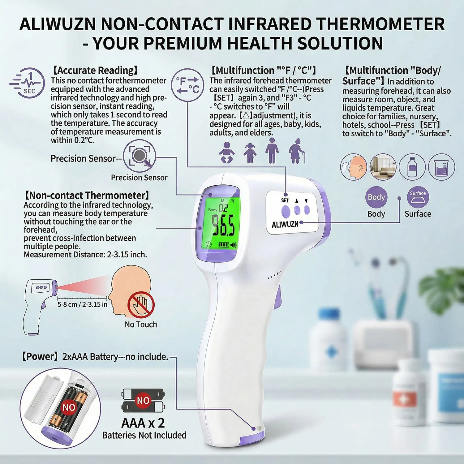 ALIWUZN Digital LCD Infrared Fever Thermometer Medical Household Non-contact Ear Body Temperature for Infant Adult