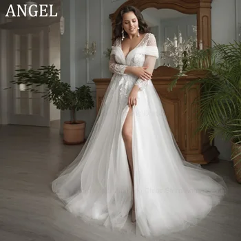 ชุดแต่งงานทรงแองเจิลแขนยาวขนาดใหญ่พิเศษเดรสแต่งงานคอวีลึกมีซิปสำหรับเจ้าสาวผ้าโปร่งประดับด้วยลูกปัดเสื้อเดอโนเวีย