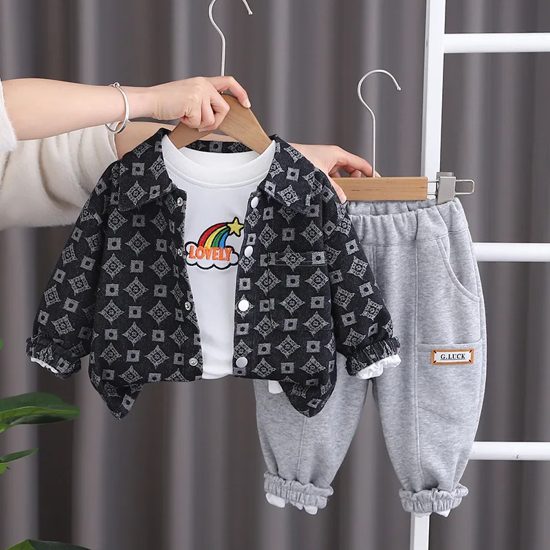 2024 Spring Autumn Kids Boys 3PCS Clothes Set Rainbow Embroidery Shirt Printed Denim Coat Sports Pants Suit Toddler Boys Outfits