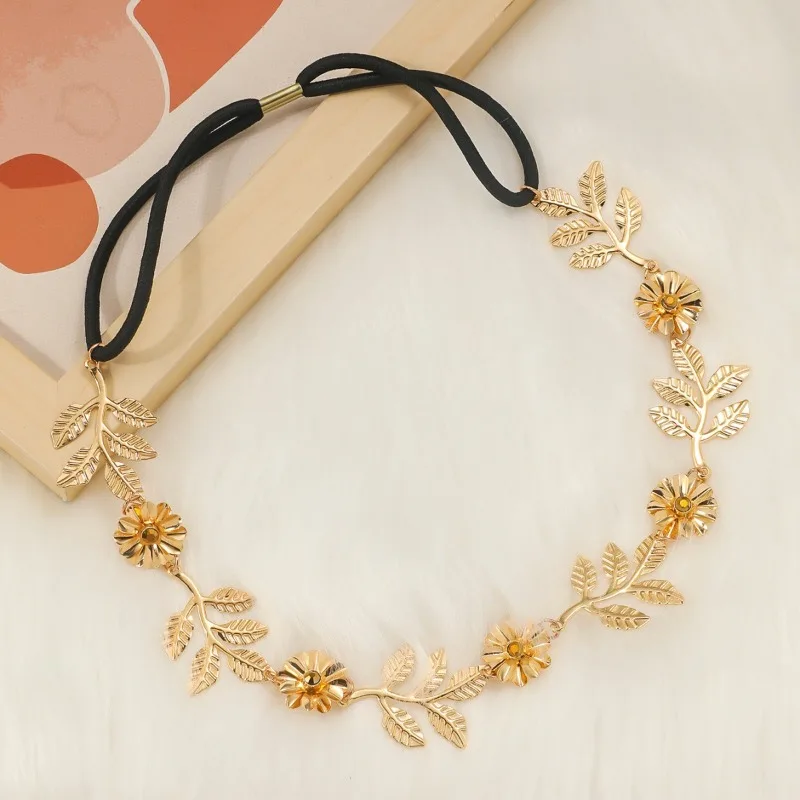 Metal Headband Alloy Studded with Diamonds Baroque Leaves Flowers Diamond Studded Headband Goddess Headband Hair Accessory