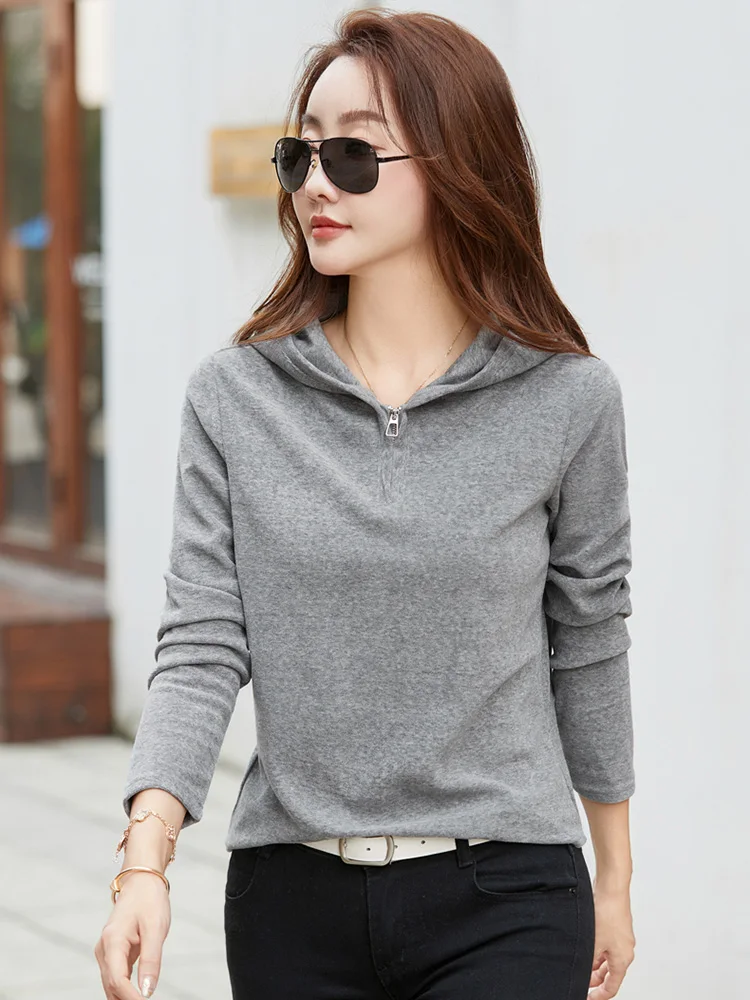 New Women Zipper Hooded Bottomming Shirt Autumn Winter Fashion Thick Long Sleeve Loose Hoodies Simplicity Casual Pullover Tops