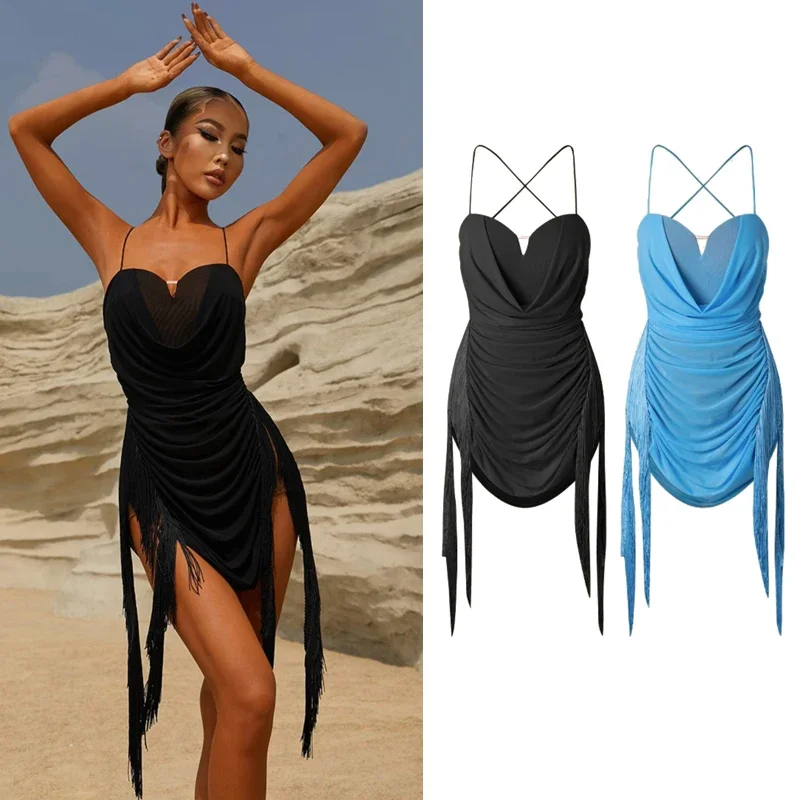 Women Sexy Performance Costume Strap Backless Fringe Dress Cha Cha Rumba Dress Practice Clothes Latin Dance Dress