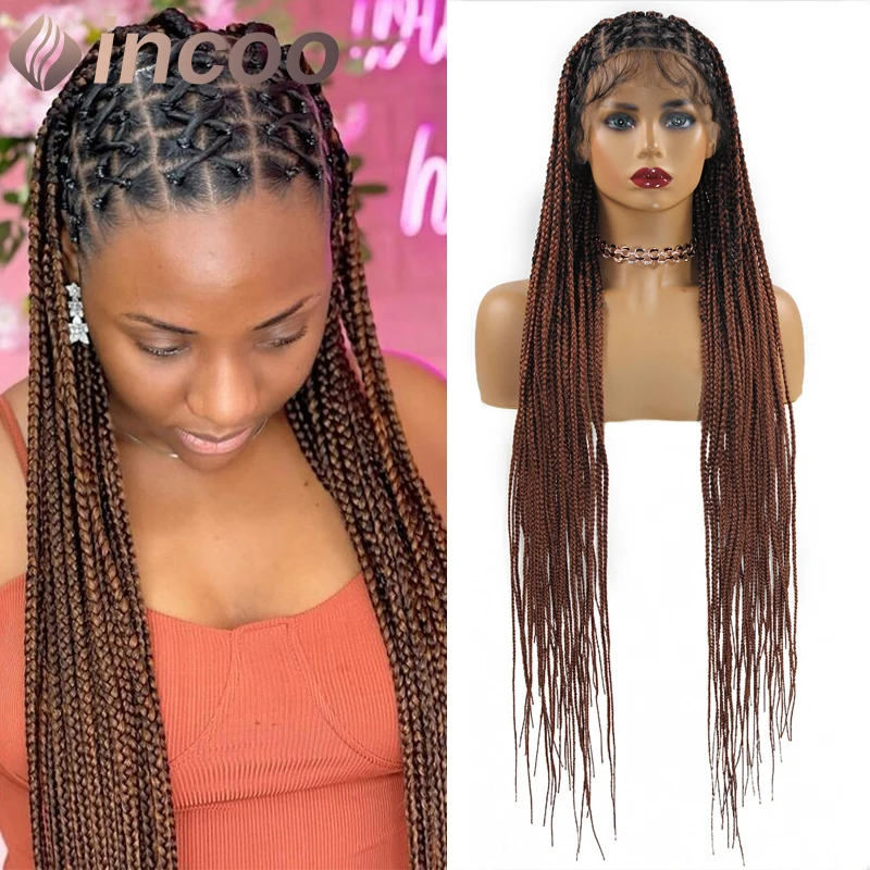 

INCOO Criss Cross Synthetic Lace Front Cornrow Braid Wig 36'' Full Lace Braids Wig Ombre Brown Knotless Box Braided Goddess Wigs