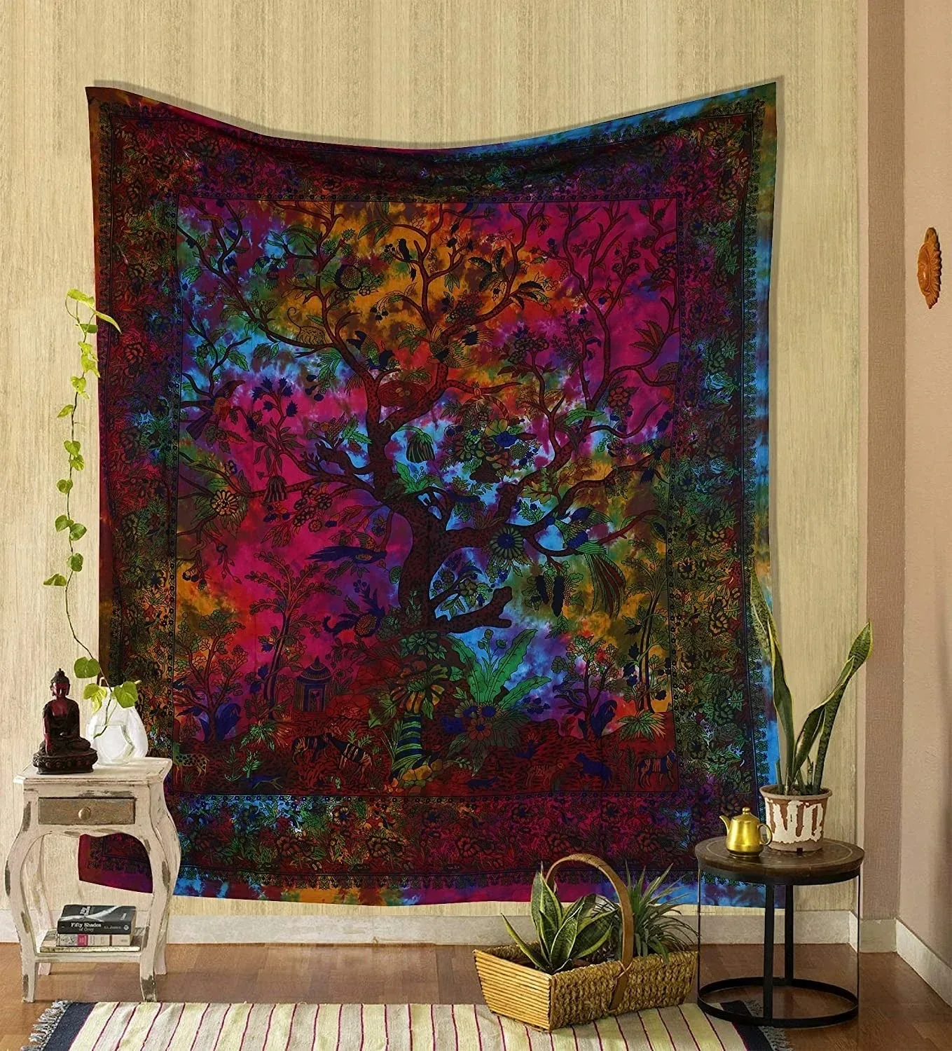 Tapestry Wall Decor Tapestry for Bedroom Tapestry Green Tree of Life Wall Hanging Psychedelic Tapestry Indian Cotton Double Bed